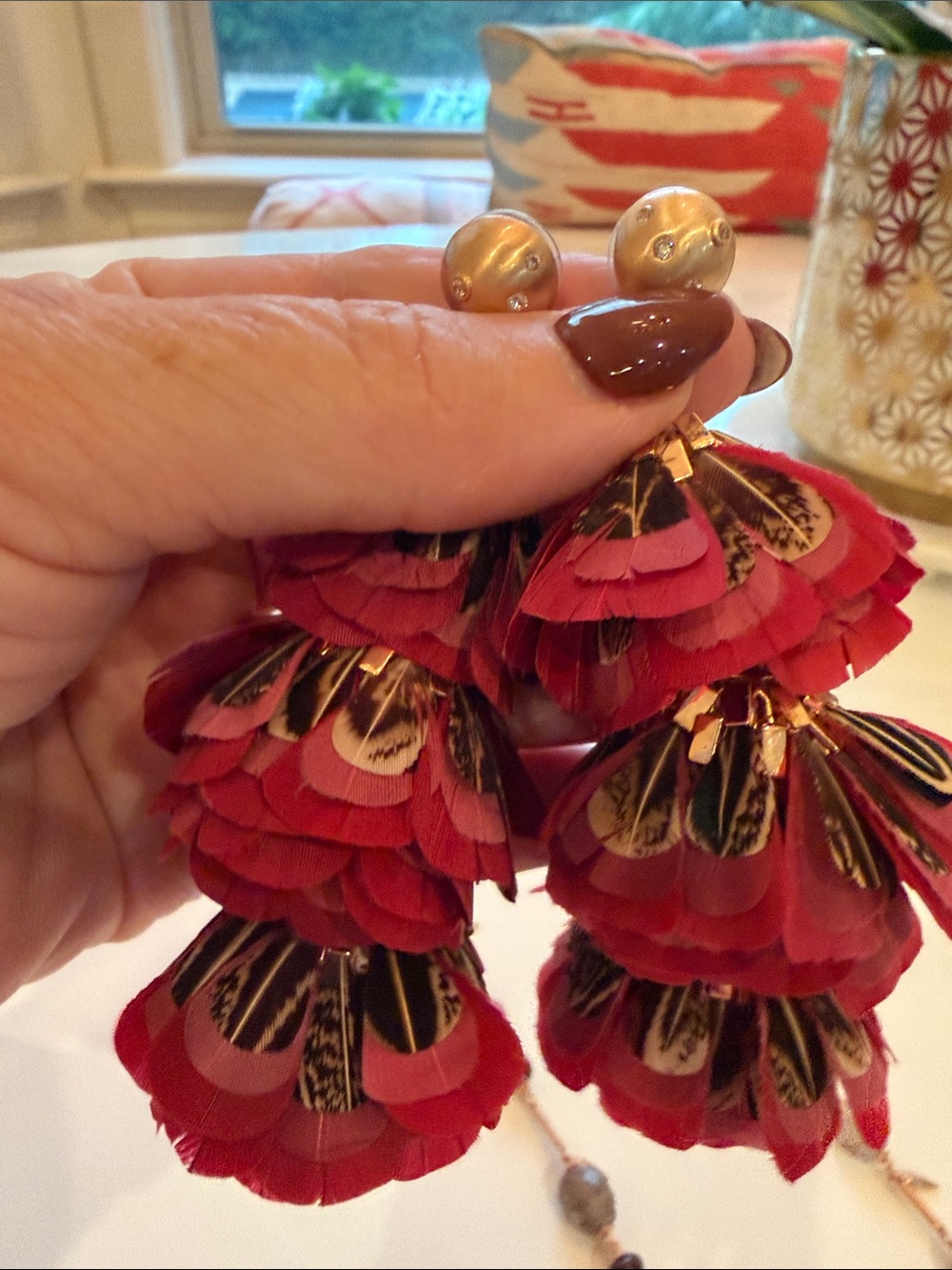 Kendra Scott Red Layered Petal Tassel Earrings with Gold Studs